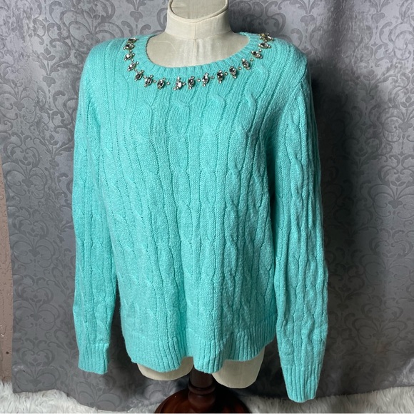 Lilly Pulitzer Dario Embellished Cable-Knit Aqua color Sweater.  Sz XL - Picture 4 of 12
